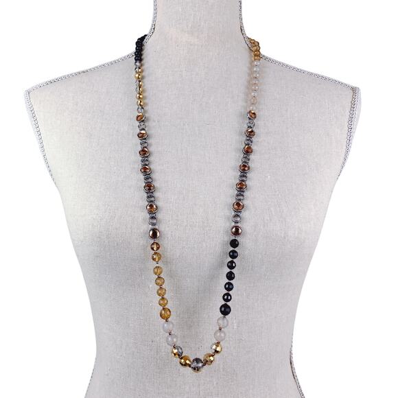 Glass Bead Long Necklace 37" Silver Tone Champagne Crystals - Picture 2 of 11